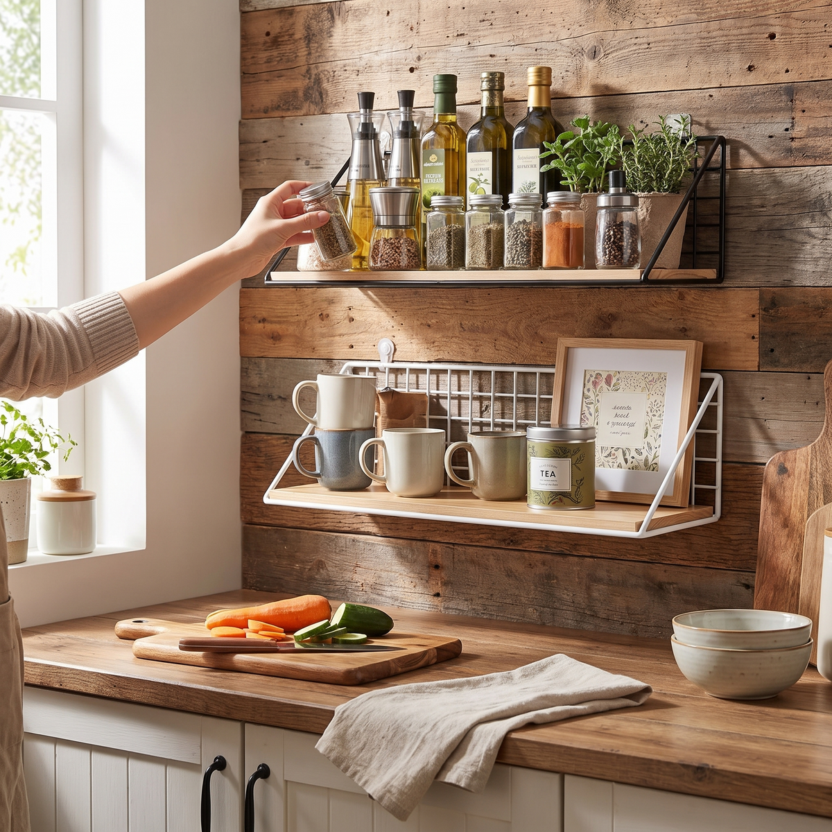 Hanging wooden spice rack in use