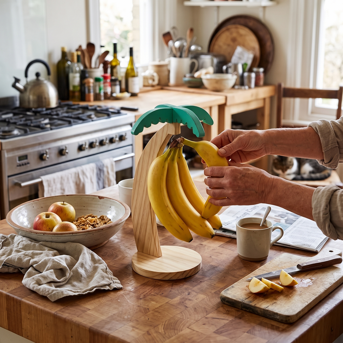 Wooden banana rack in use