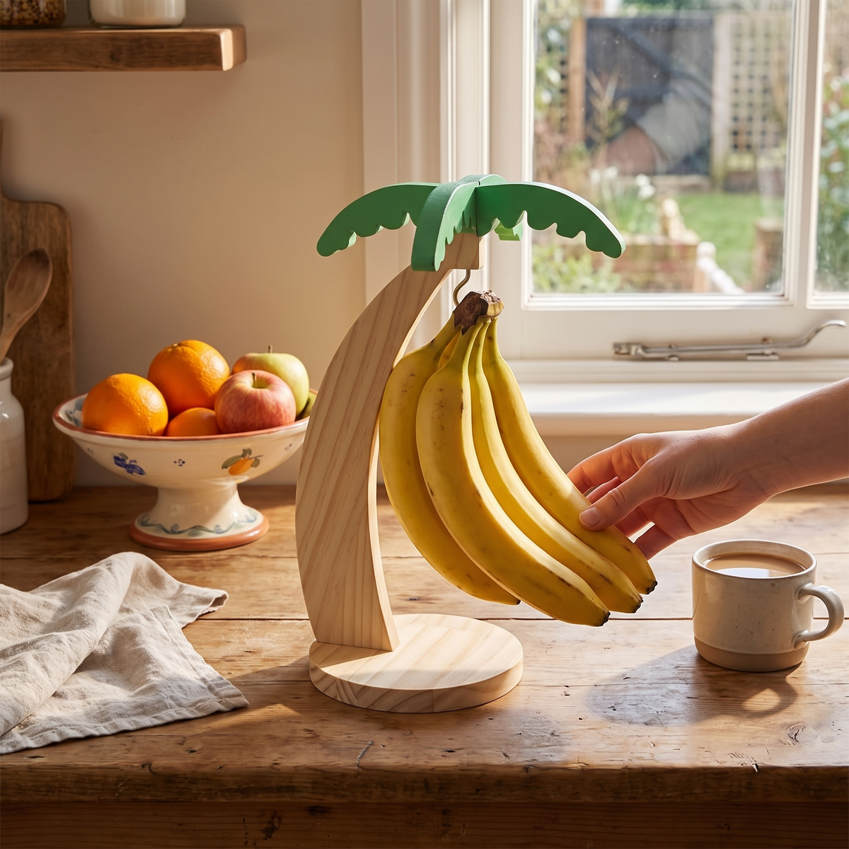 Wooden banana rack in use