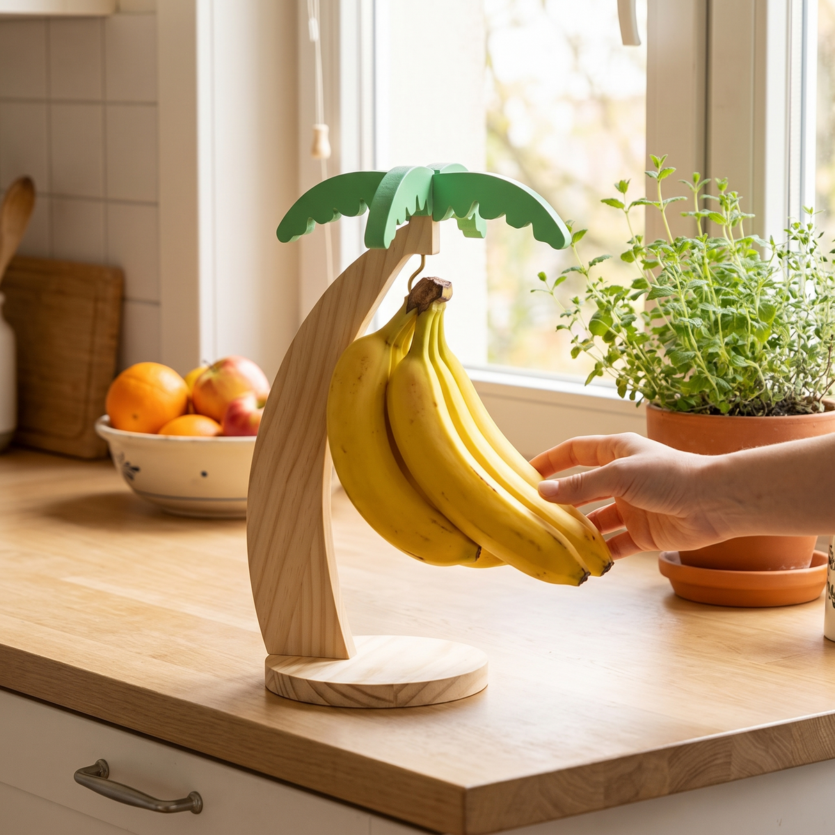 Wooden banana rack in use