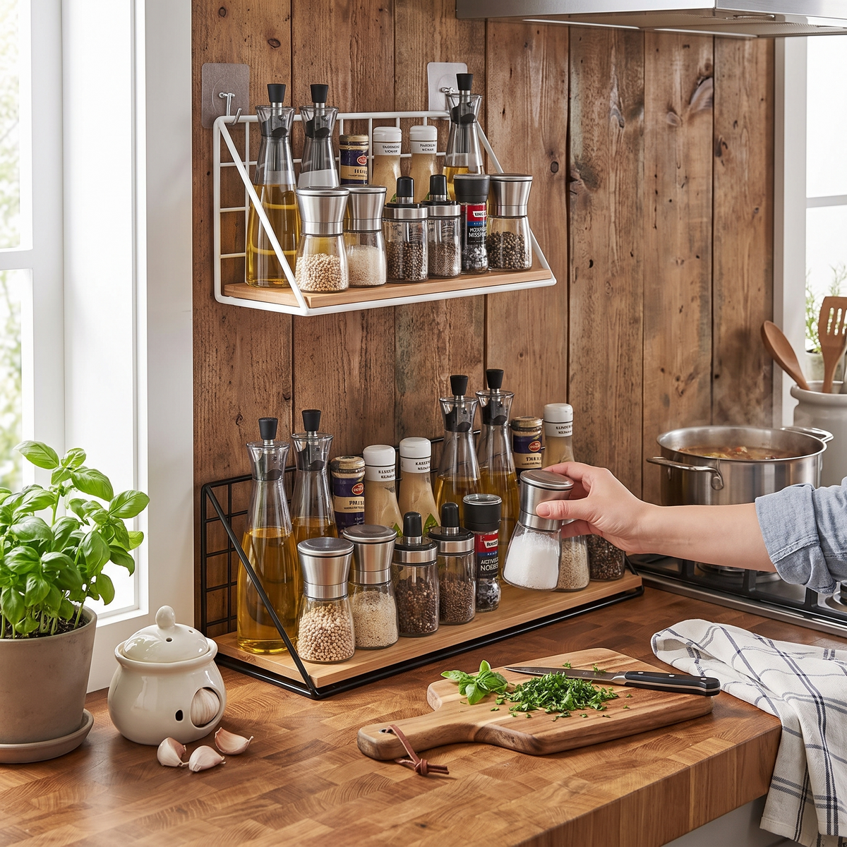 Hanging wooden spice rack in use