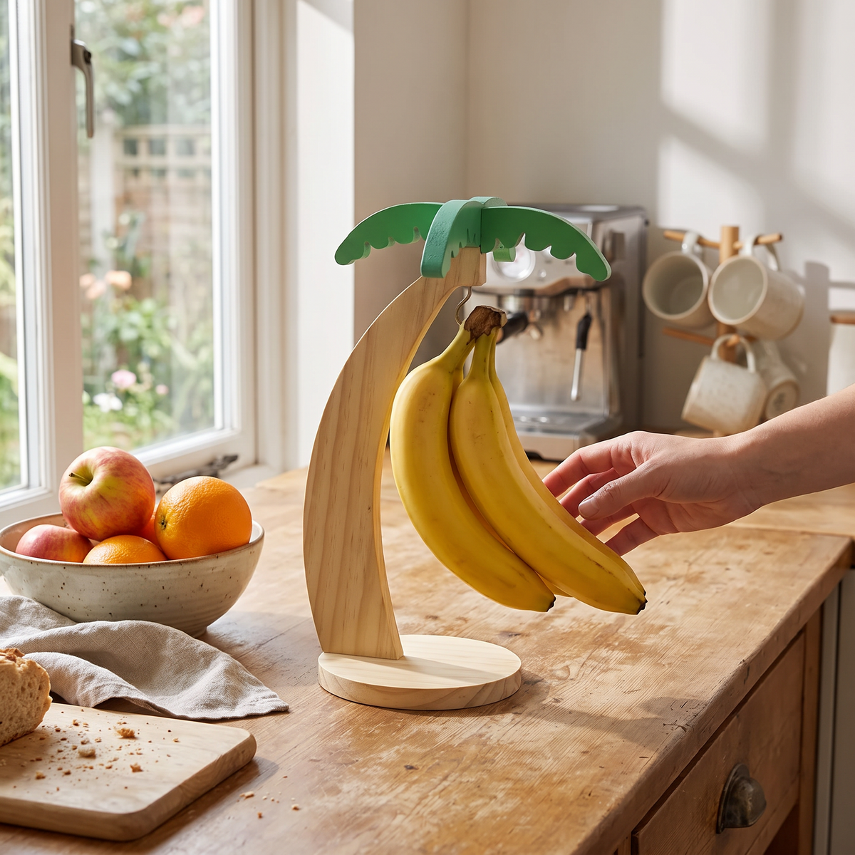 Wooden banana rack in use