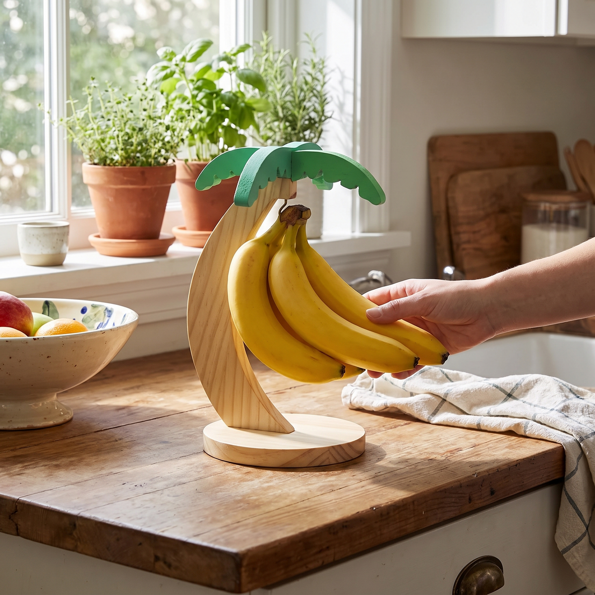 Wooden banana rack in use