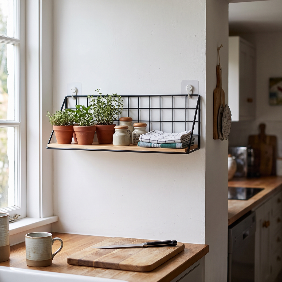 Hanging wooden spice rack in use