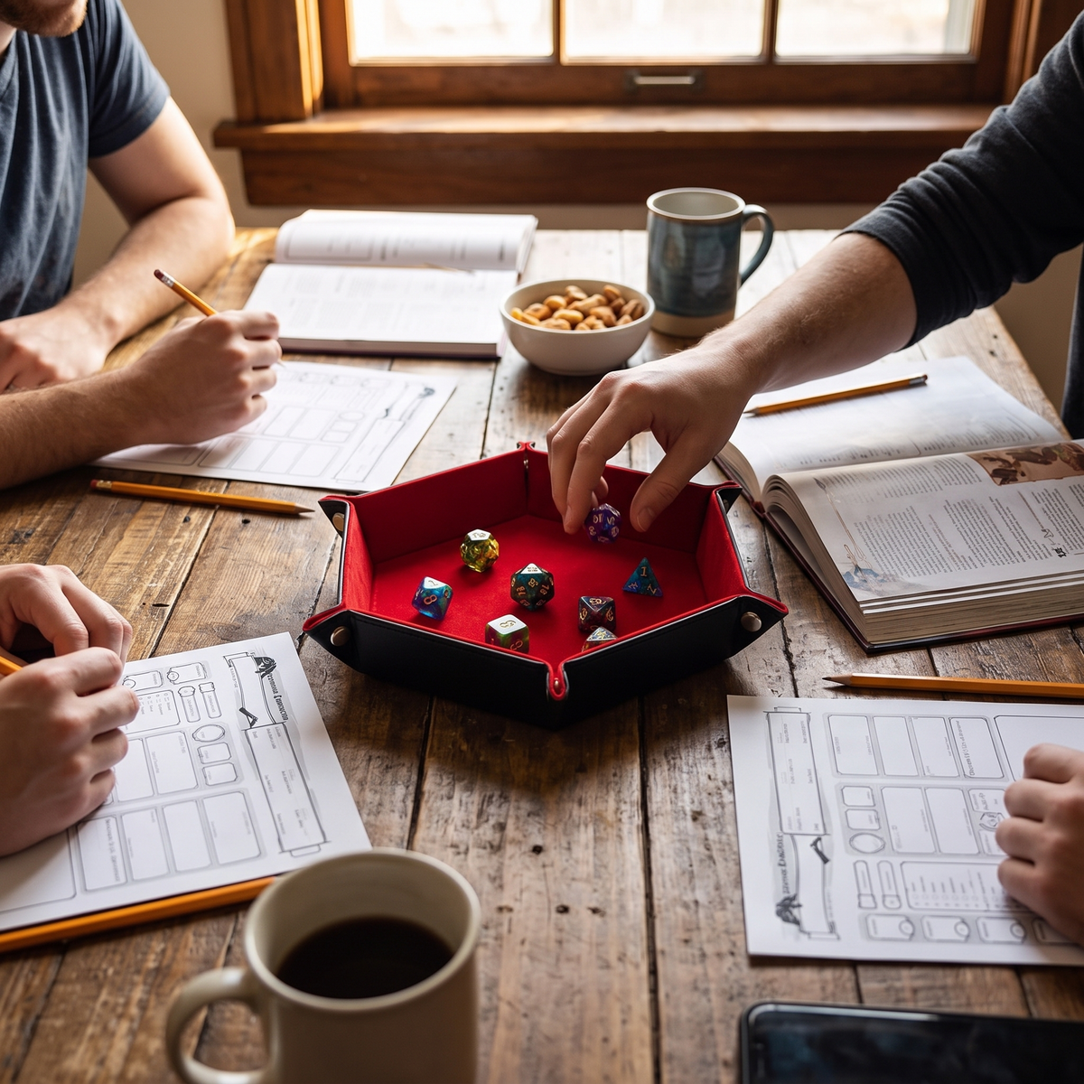 Leather hexagonal dice tray in use