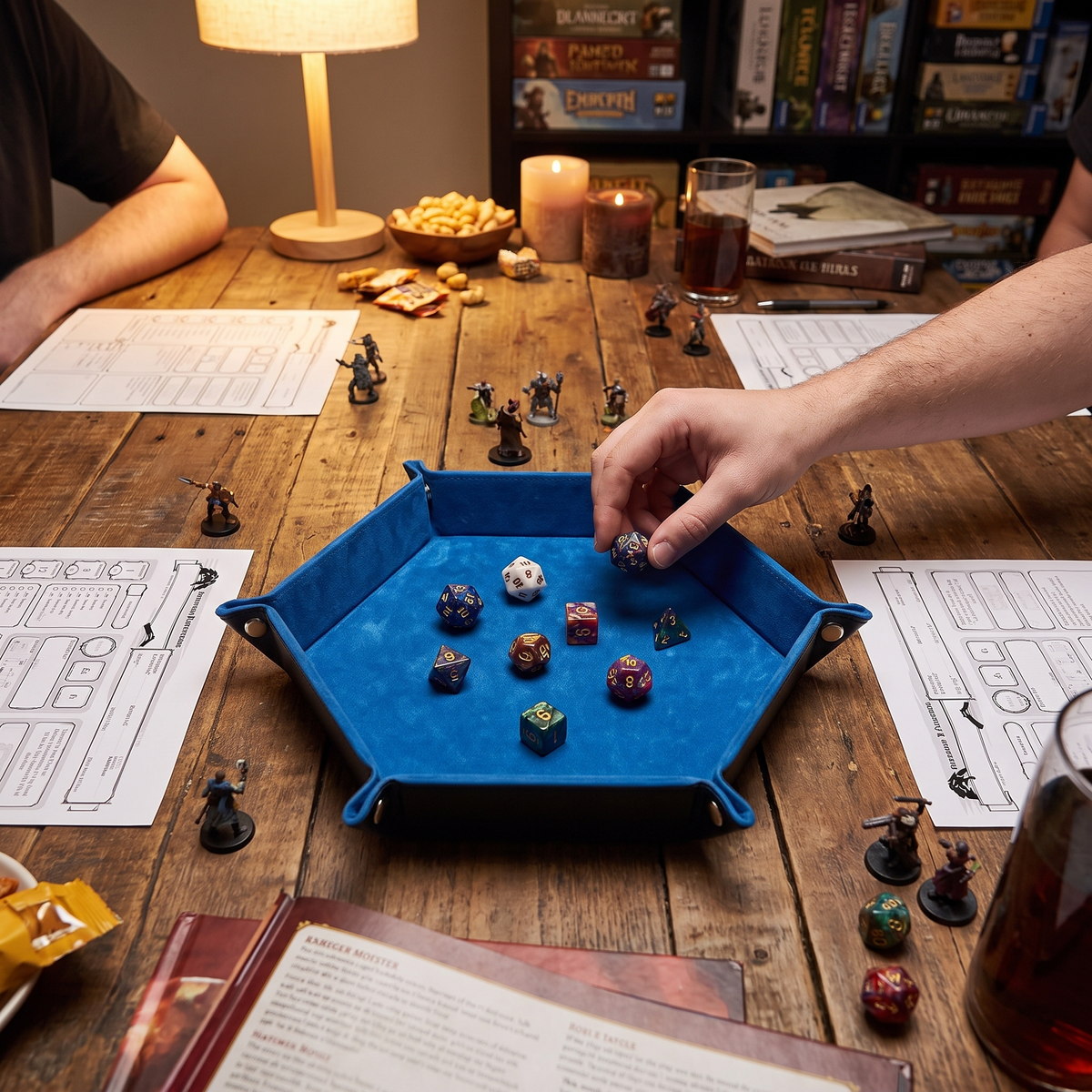 Leather hexagonal dice tray in use
