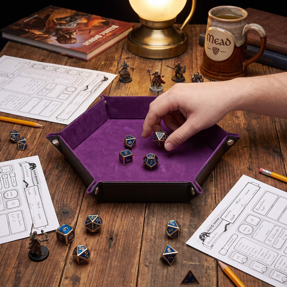 Leather hexagonal dice tray in use