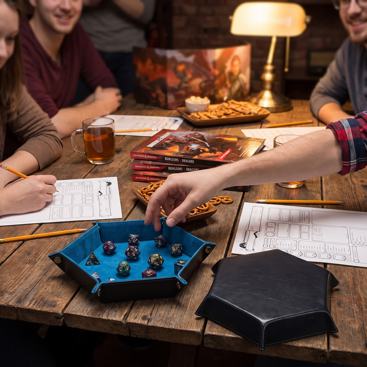 Leather hexagonal dice tray in use