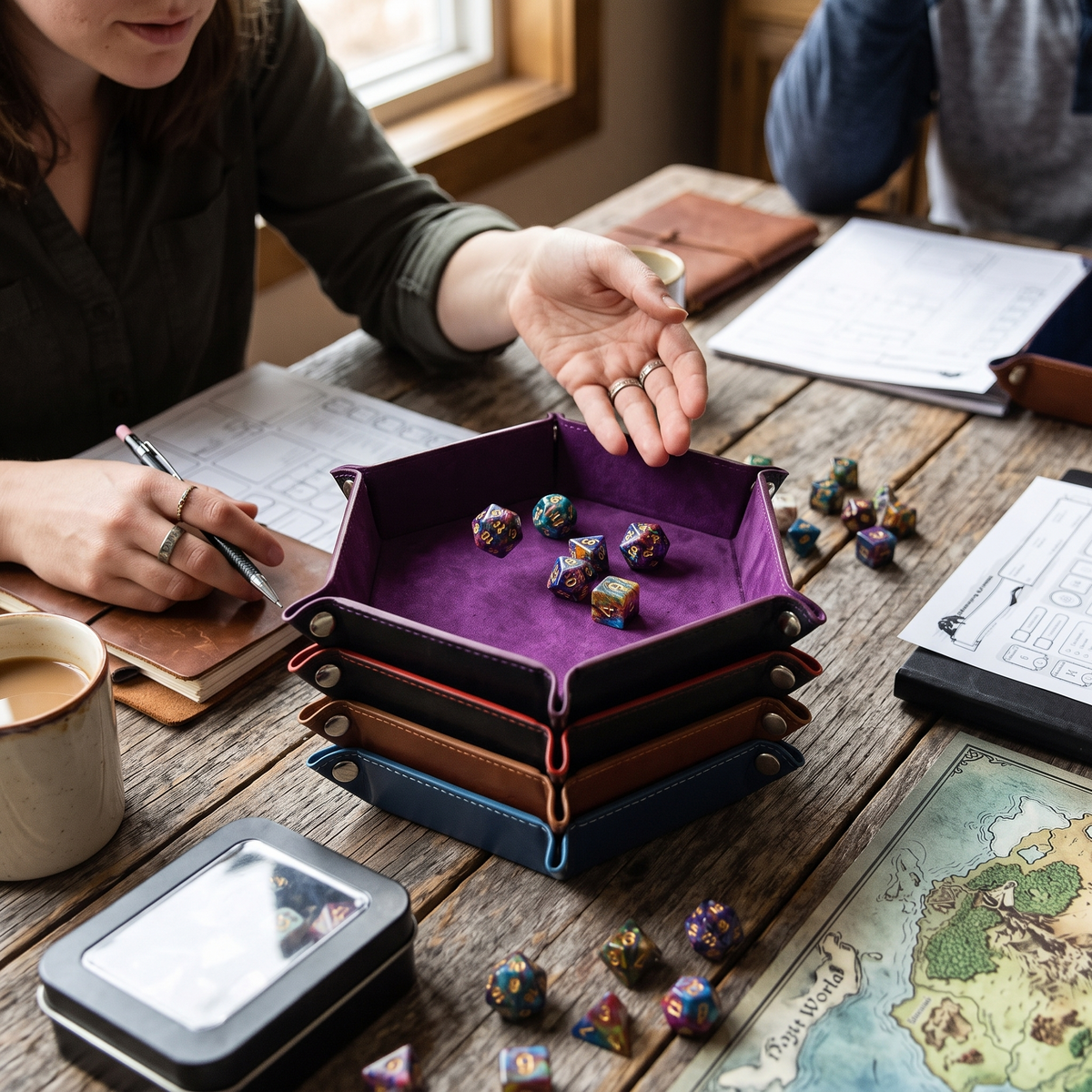 Leather hexagonal dice tray in use