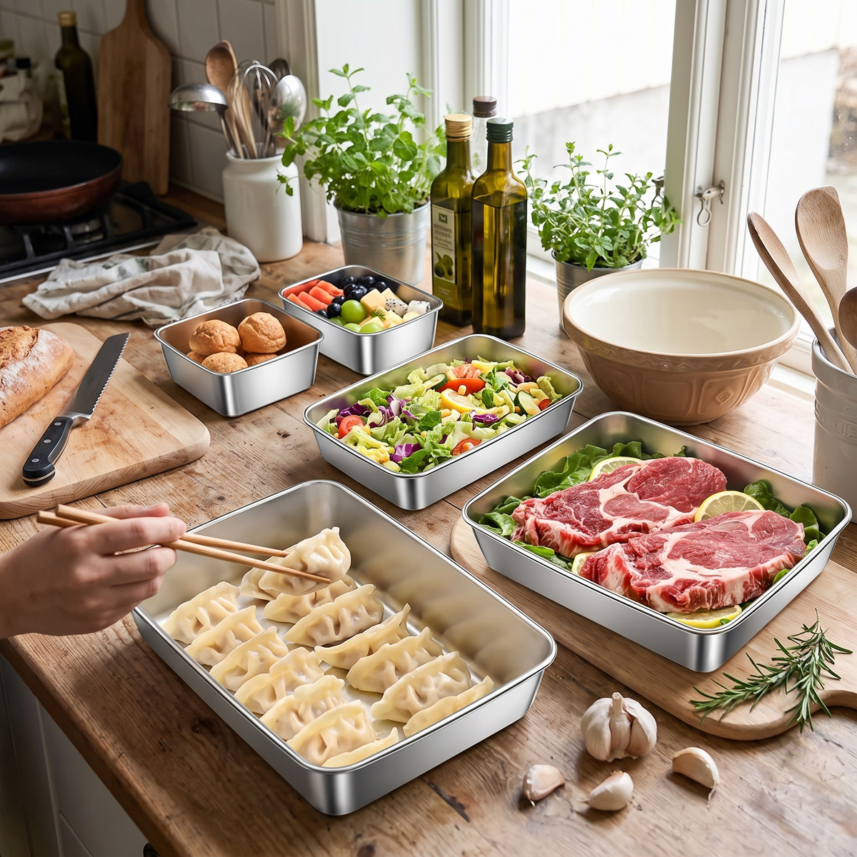 Stainless steel leak-proof food containers in use