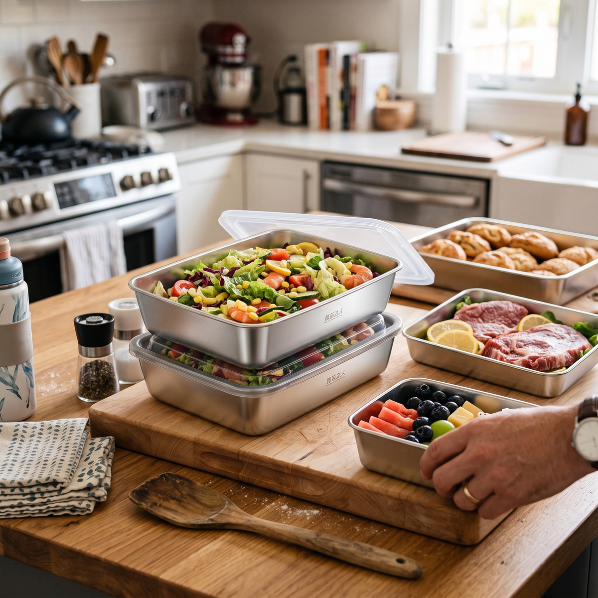 Stainless steel leak-proof food containers in use