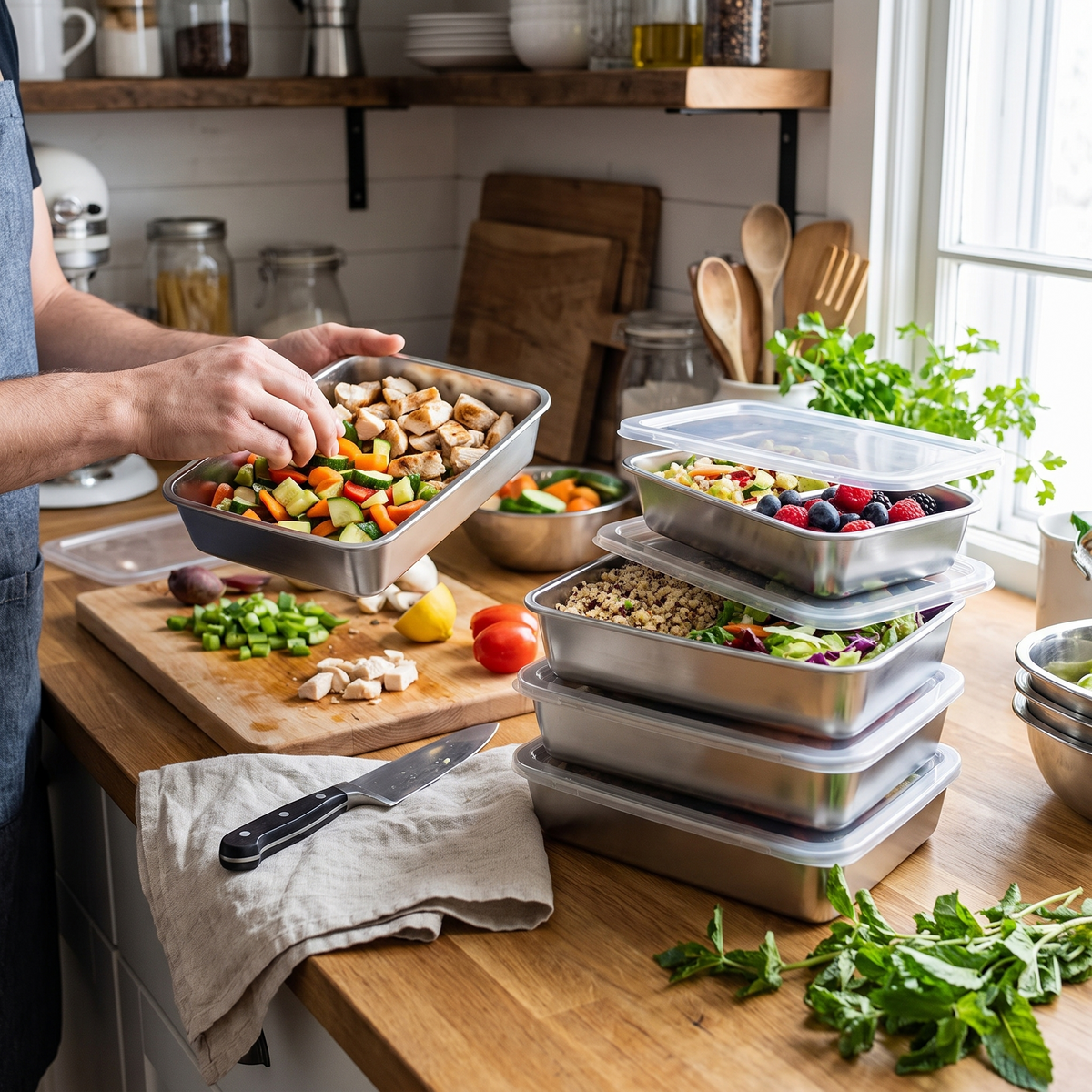 Stainless steel leak-proof food containers in use