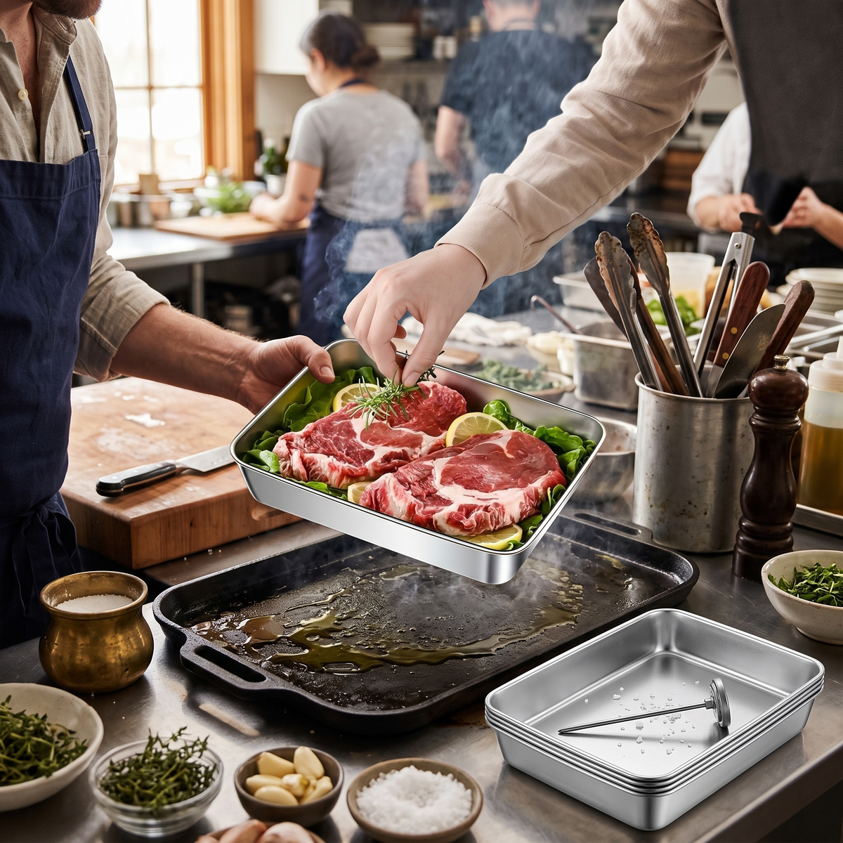 Stainless steel leak-proof food containers in use