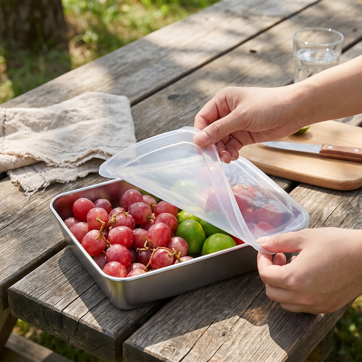 Stainless steel leak-proof food containers in use