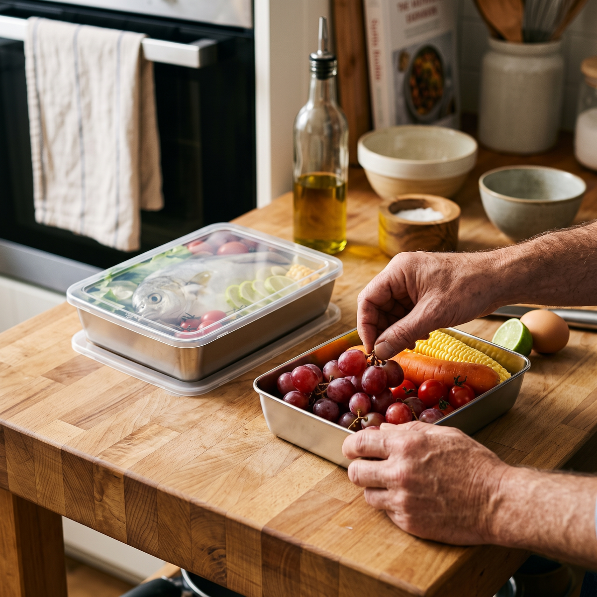 Stainless steel leak-proof food containers in use