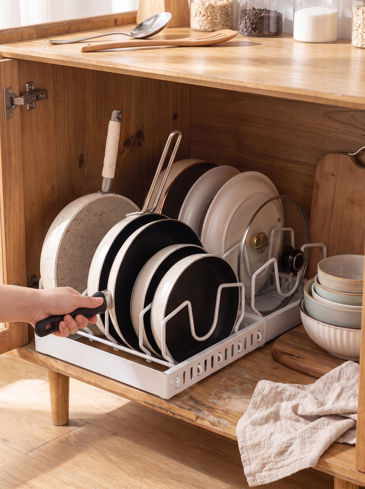Sliding Pot and Pan Cabinet Organizer, dividers that follow your kitchen