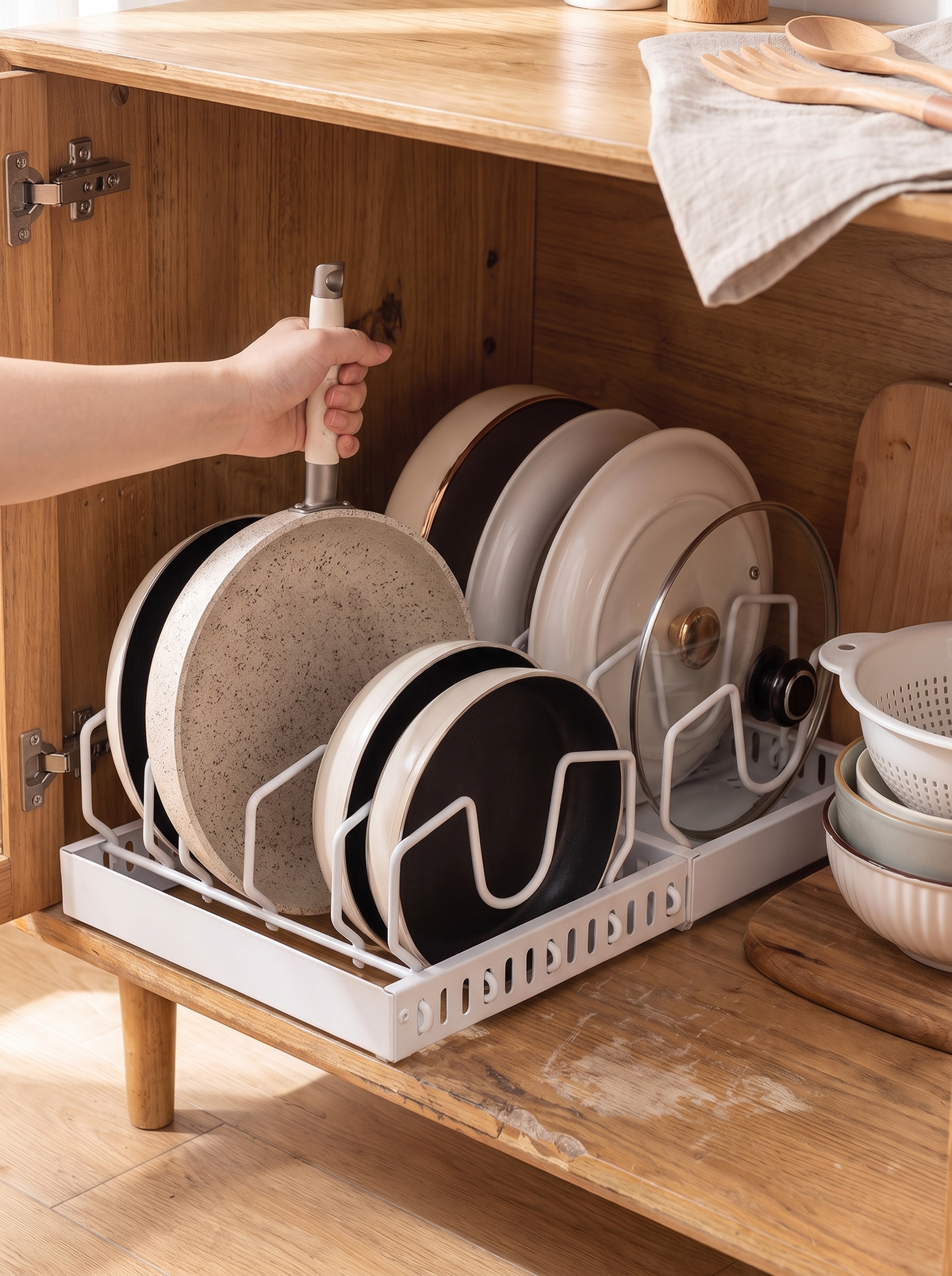 Sliding Pot and Pan Cabinet Organizer, lift one move nothing