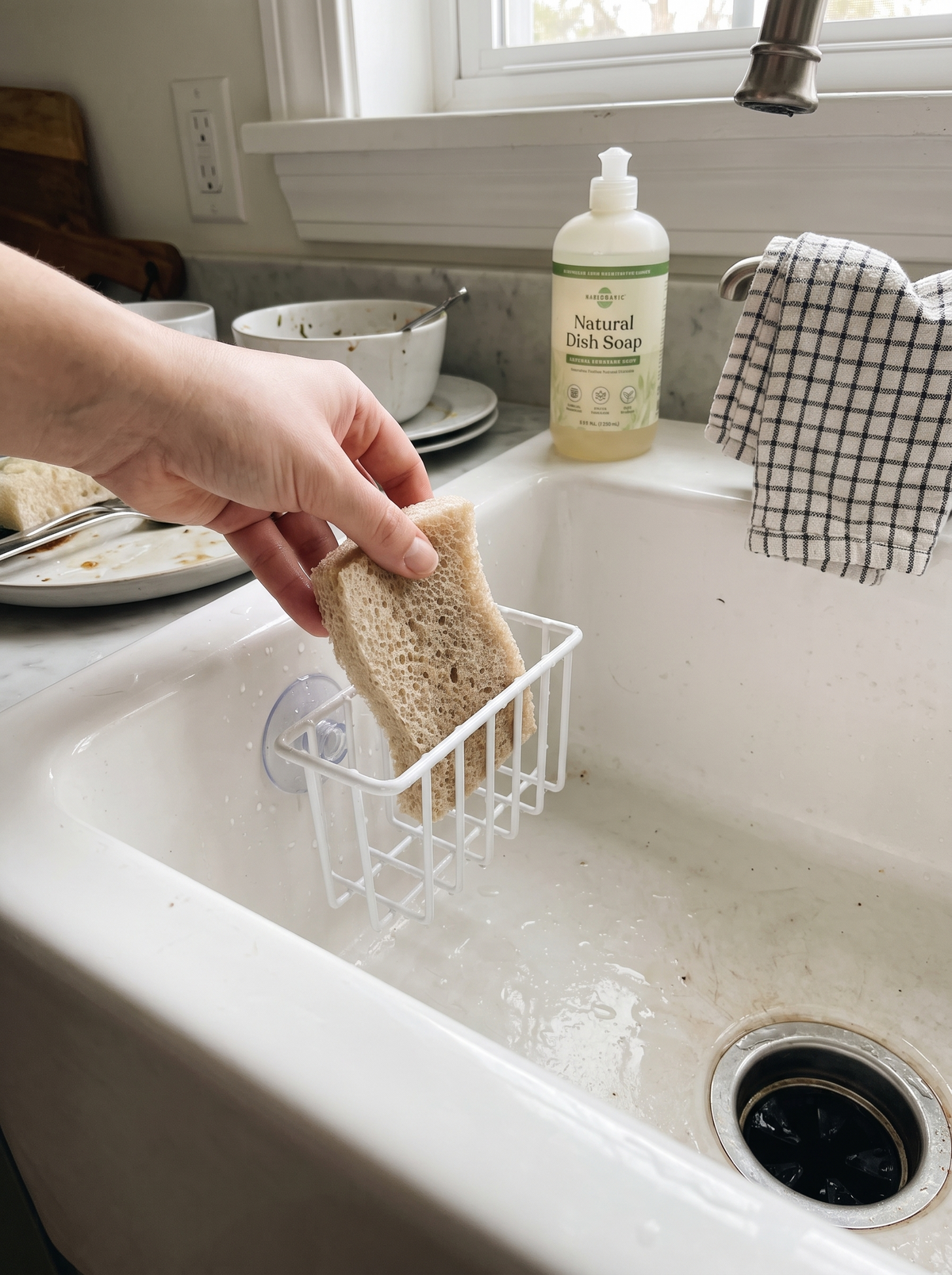 Suction Cup Sink Sponge Caddy, off rinsed back on
