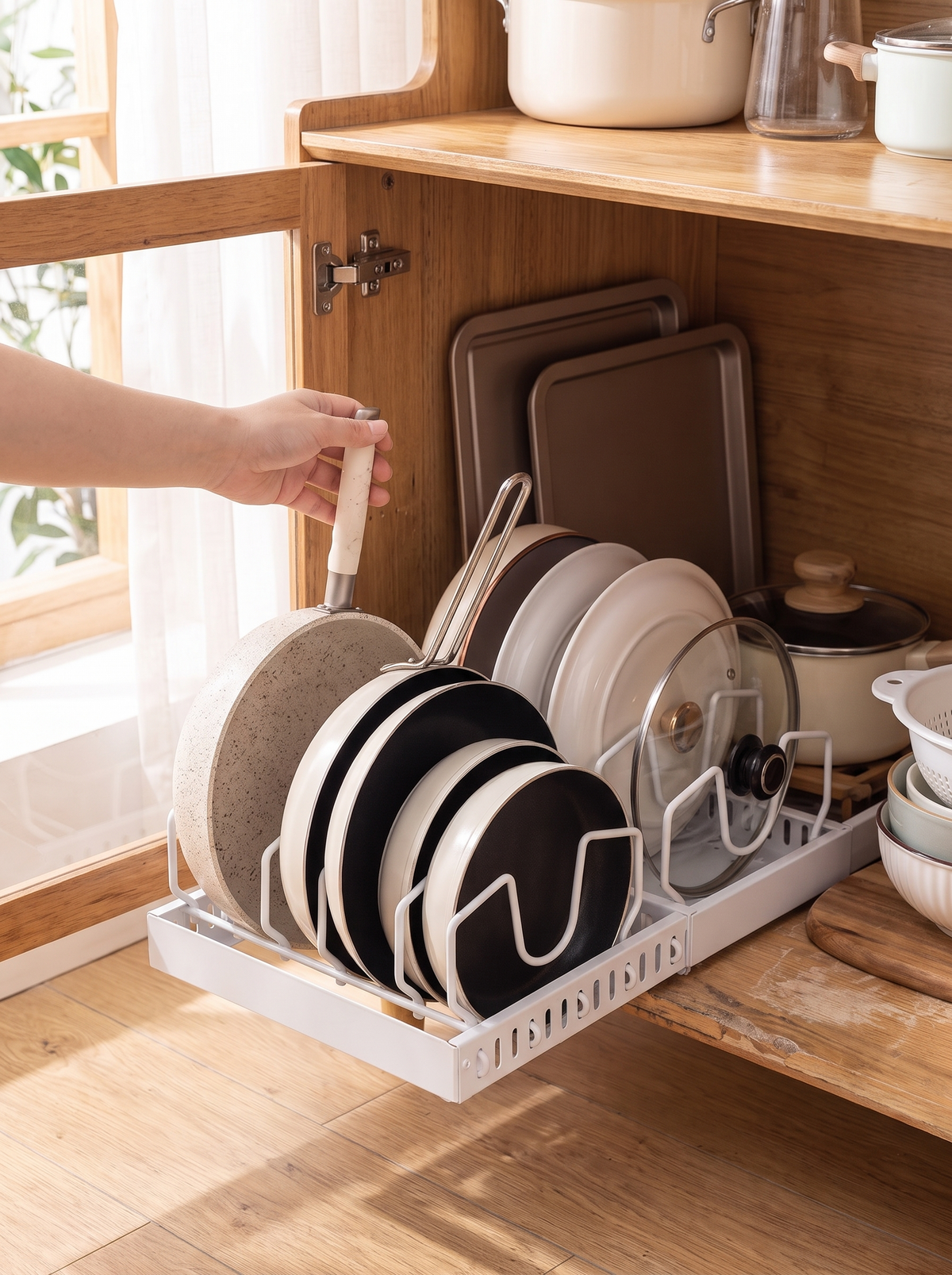 Sliding Pot and Pan Cabinet Organizer, reach the back of the cabinet