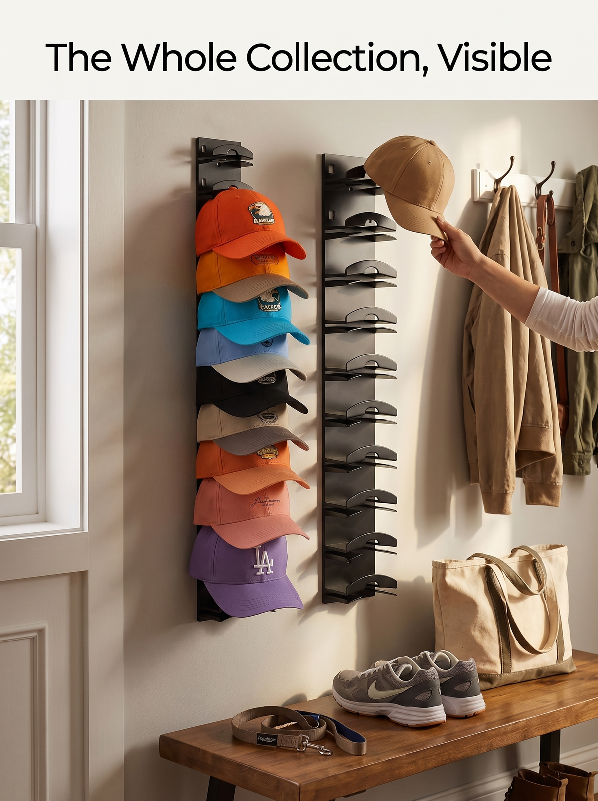 10 Grid Baseball Cap Rack, the whole collection visible