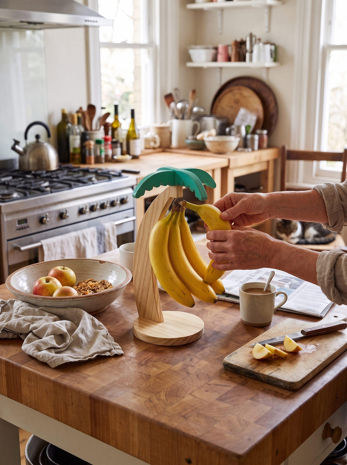 Wooden Banana Hanger with Leaf, where bananas stop spoiling