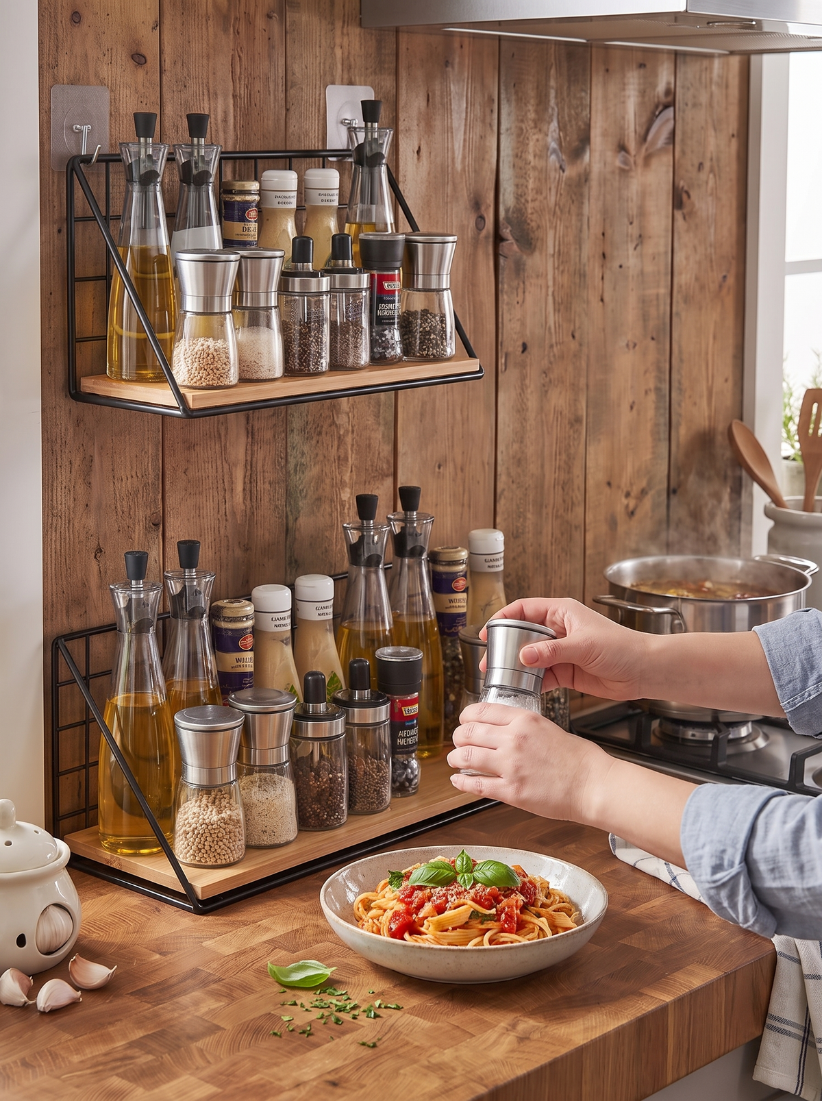 Wood and Metal Hanging Spice Rack, one hand one jar