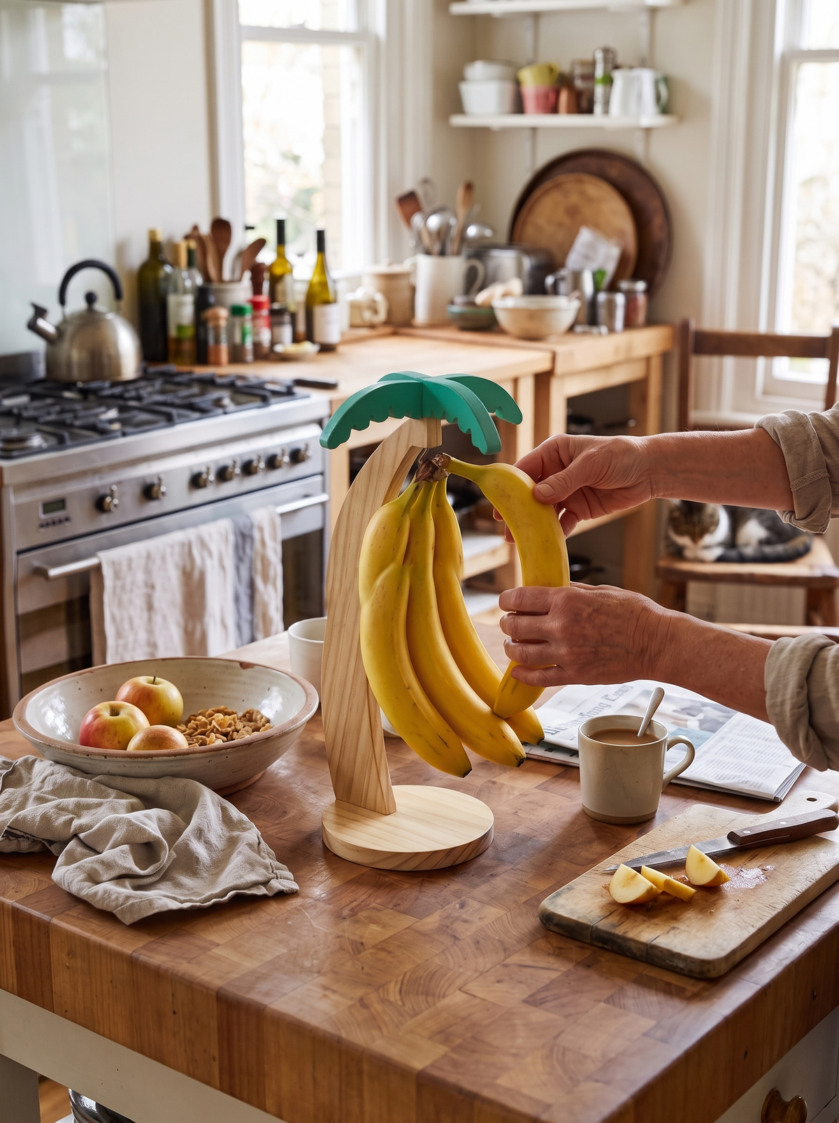 Wooden Banana Hanger with Leaf, even ripening longer window