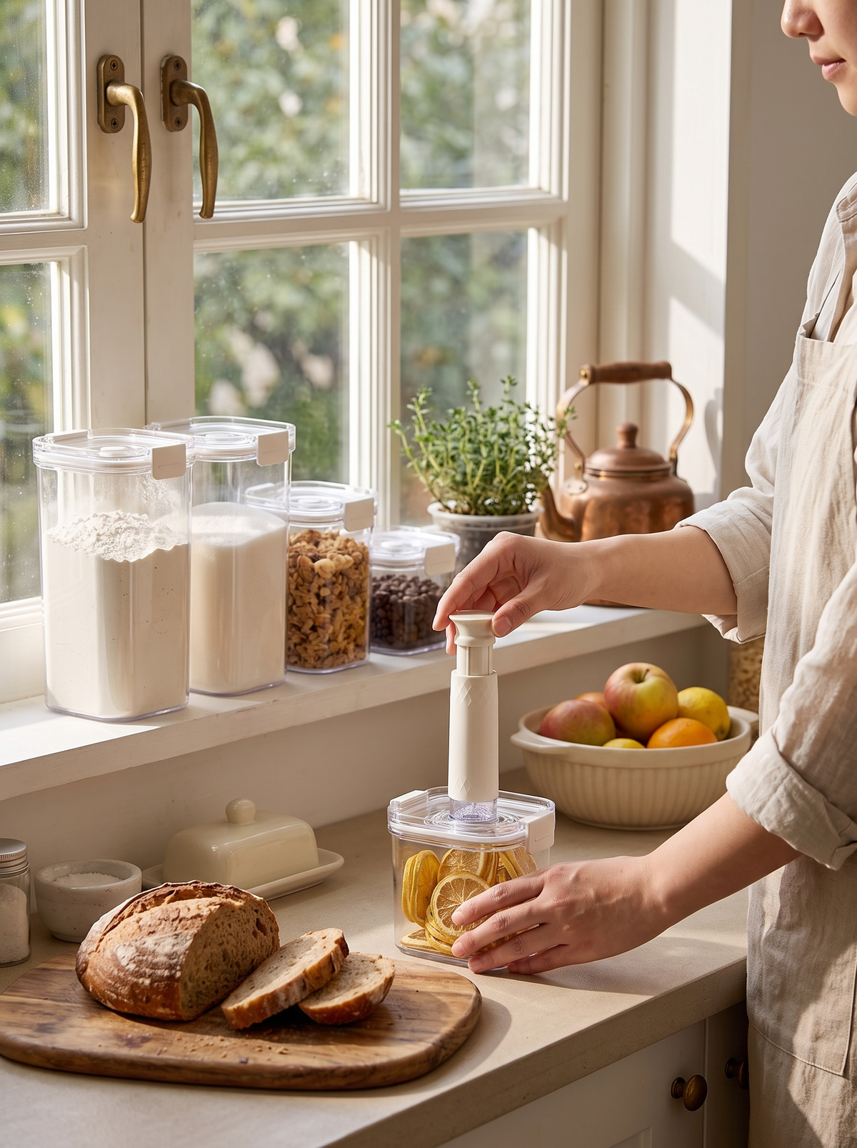 Vacuum Seal Storage Canister, a matched set along a shelf