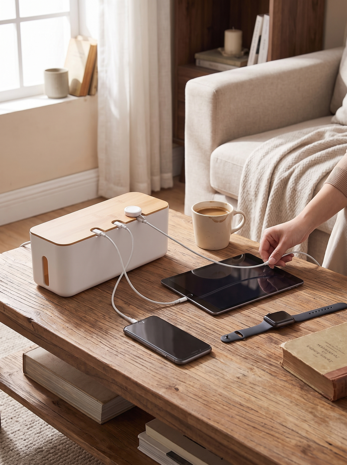 Bamboo Lid Cable Management Box, works in a living room not just under a desk