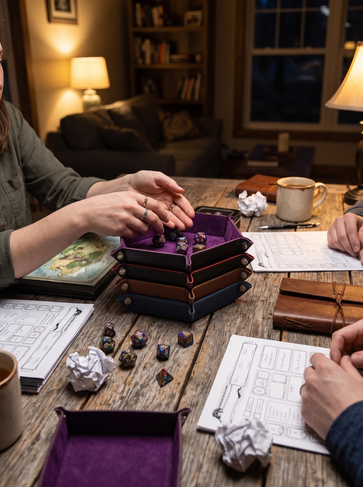 Hexagonal Leather Dice Tray, quiet enough for a late session