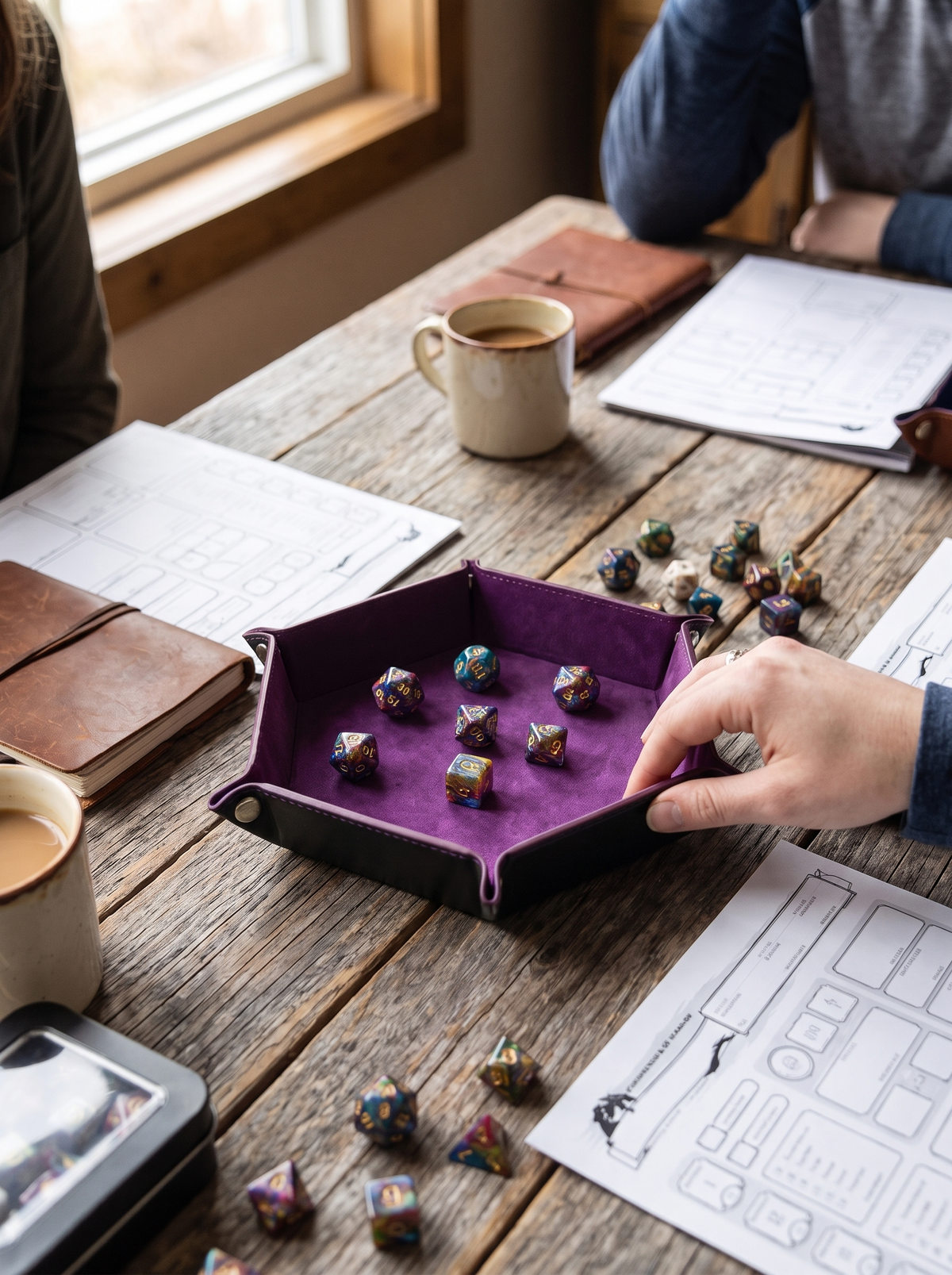Hexagonal Leather Dice Tray, rolls stay readable