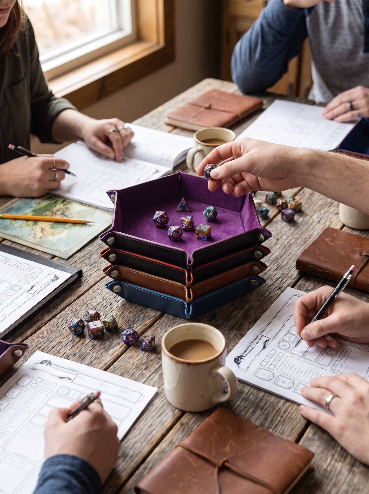 Hexagonal Leather Dice Tray, unsnap and it travels