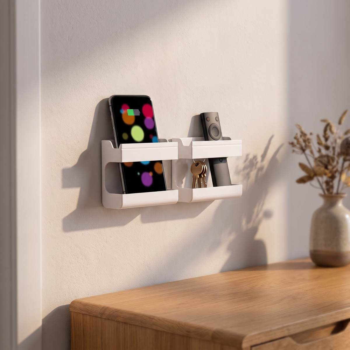 Wall-mounted remote and phone holder in an entryway holding keys and a phone