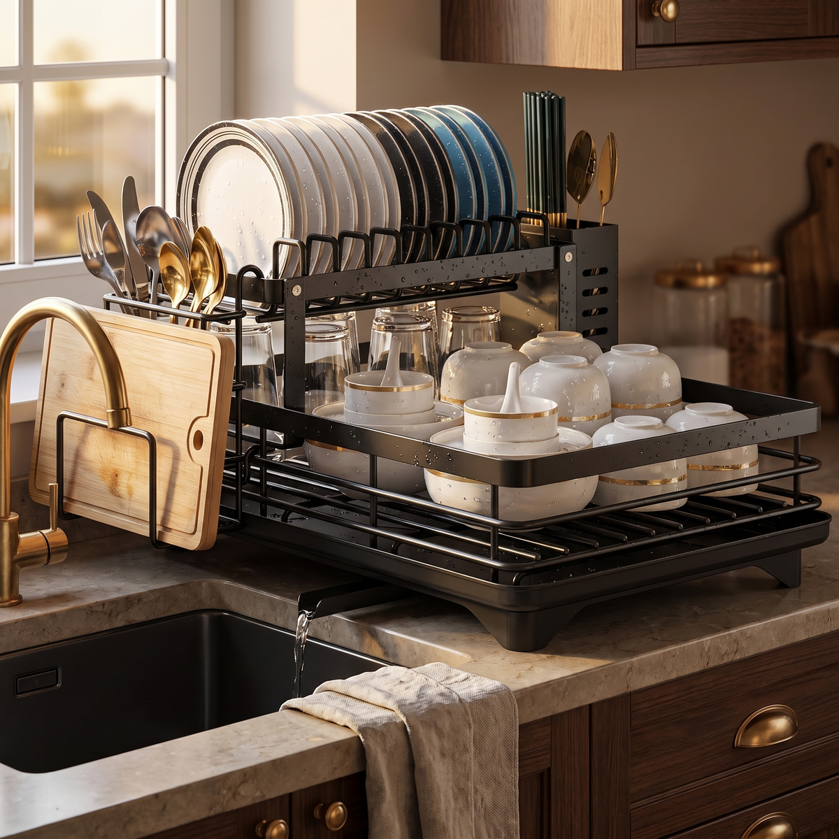 Two-tier dish drying rack full after dinner, draining into the sink