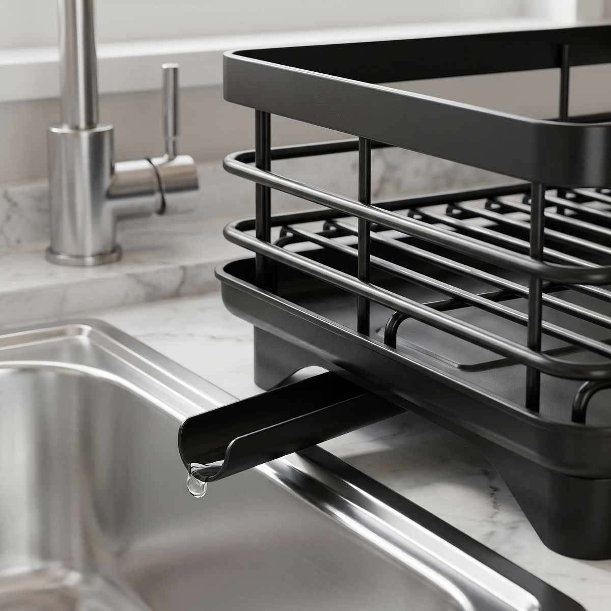 Close view of the rotating drainage spout aimed into the sink