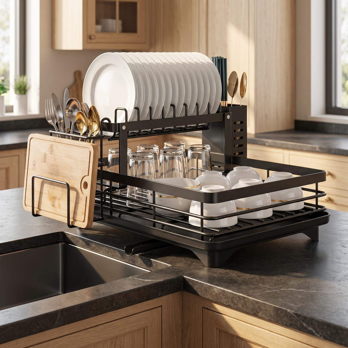 Two-tier dish drying rack loaded beside a kitchen sink