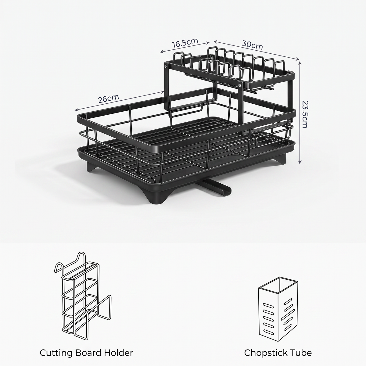 Dimensions: upper tier 30cm wide and 16.5cm deep, lower tray 26cm, overall height 23.5cm, with cutting board holder and chopstick tube