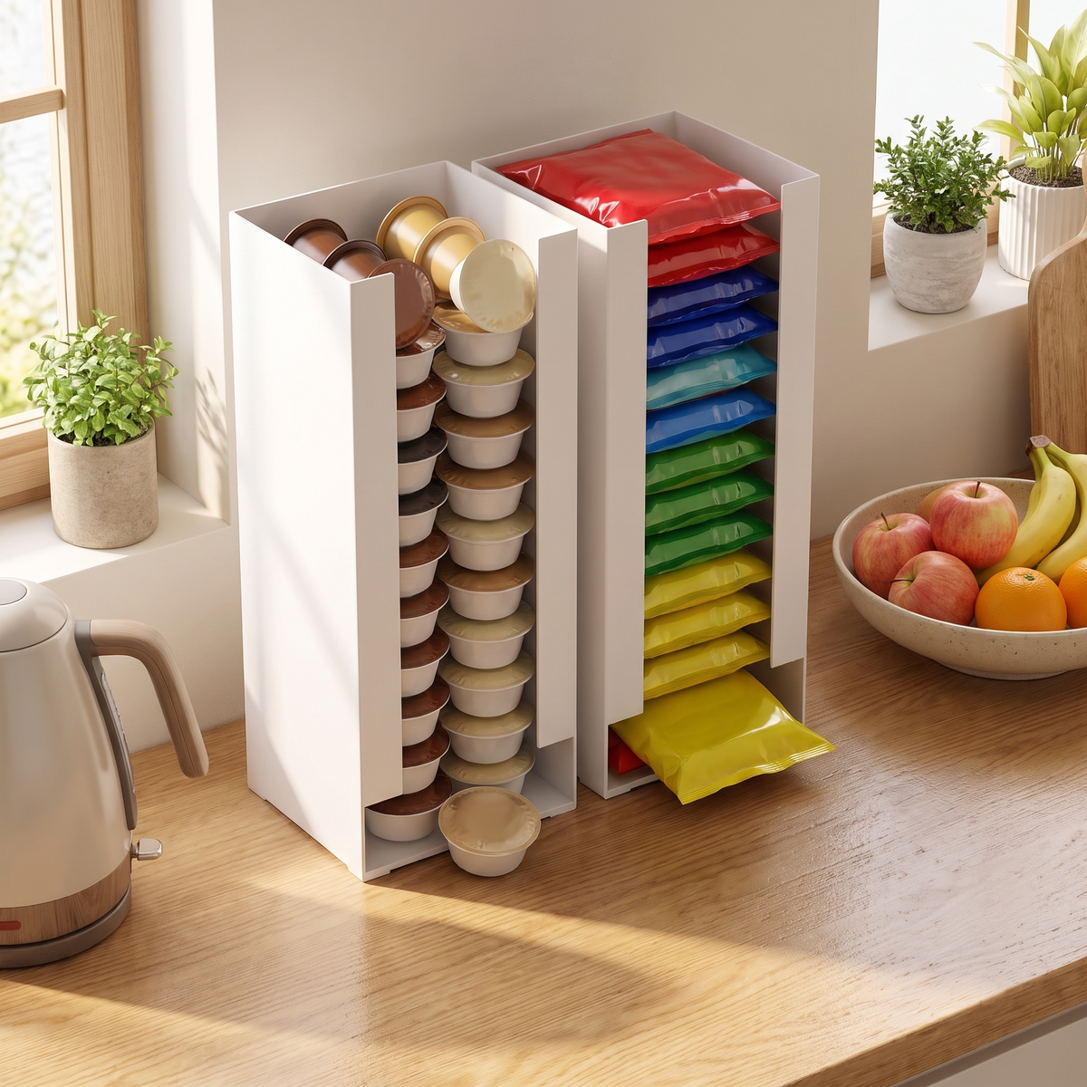 Two front pull out pantry bins on a counter holding coffee pods and snack pouches