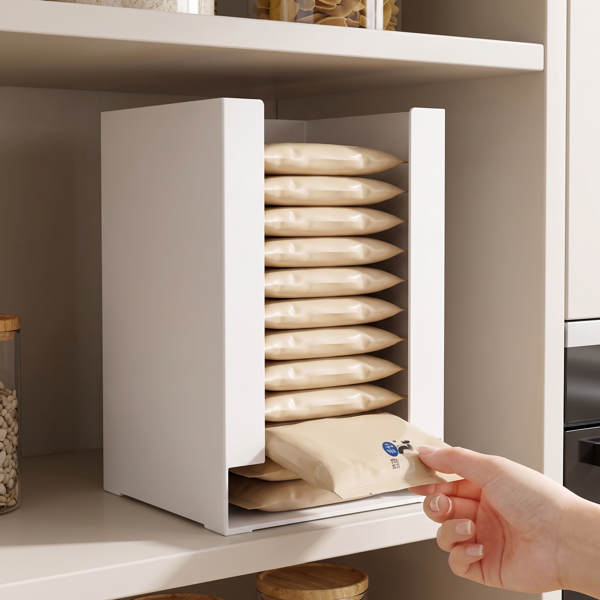 Close view of a hand drawing a packet from the front opening of the pantry bin