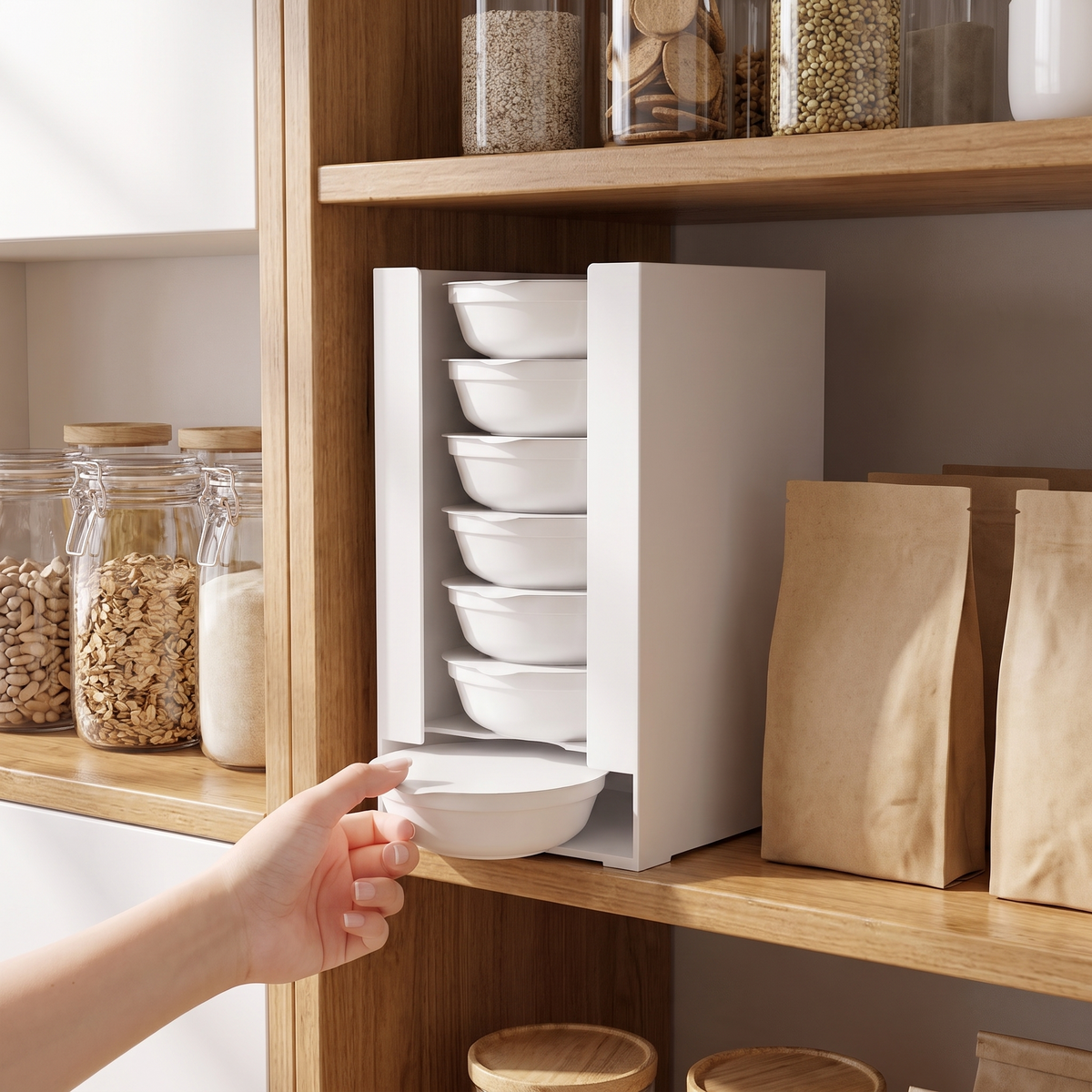 Front pull out pantry bin on a kitchen shelf dispensing a stacked noodle cup
