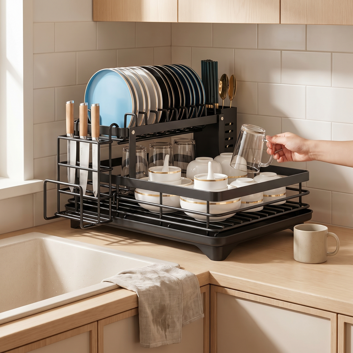2-Tier Rotating Dish Drying Rack in use image