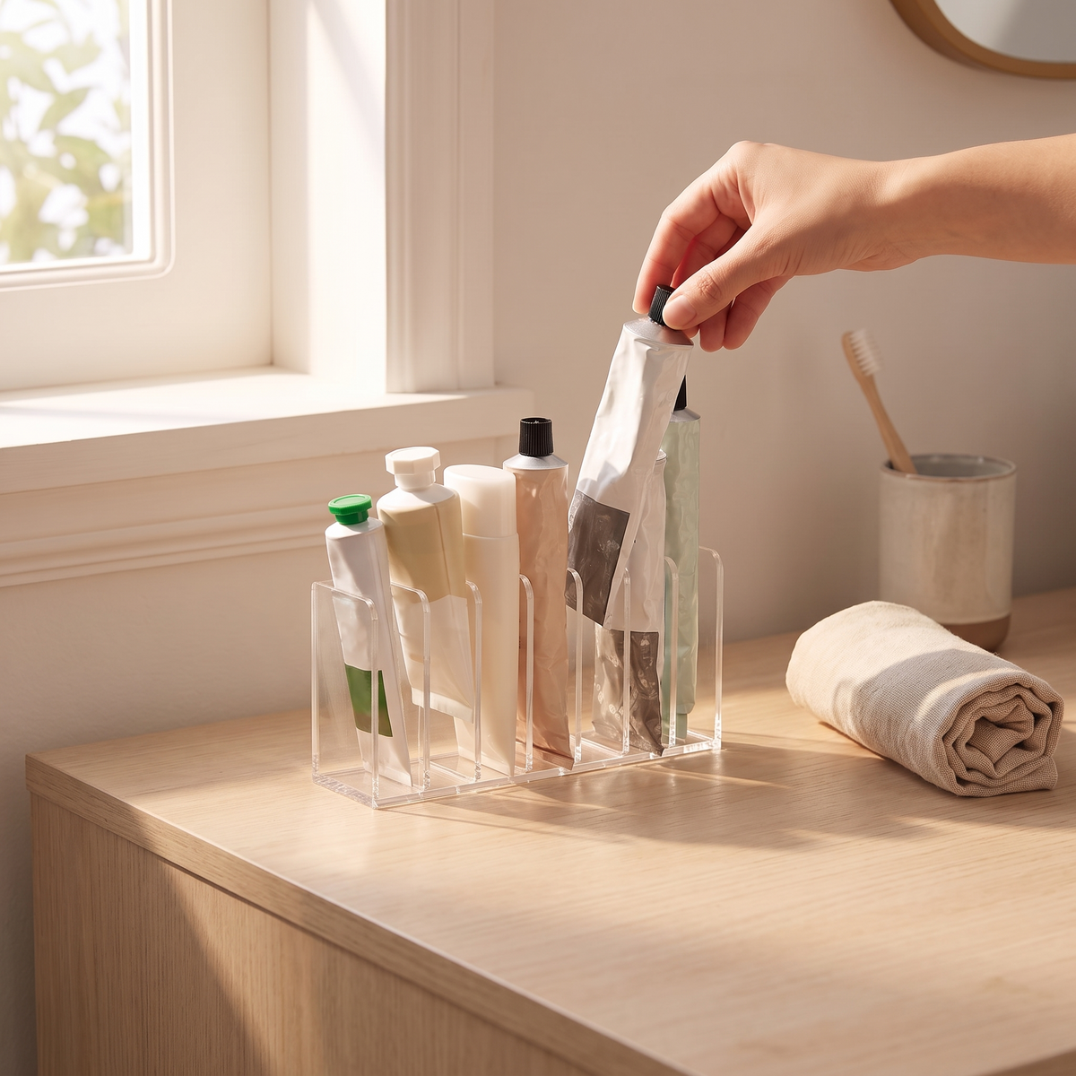 7-Slot Clear Makeup Organizer in use image