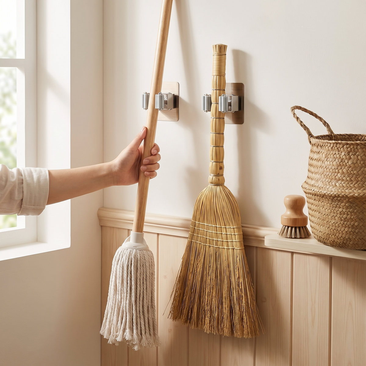 Adhesive Mop and Broom Wall Hooks in use image