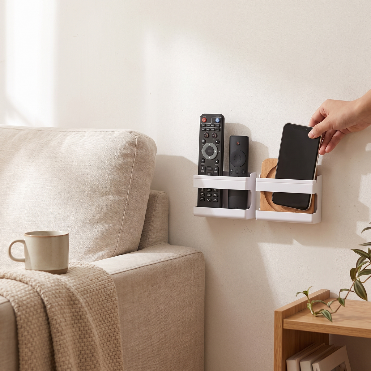 Adhesive Wall Remote and Phone Caddy in use image