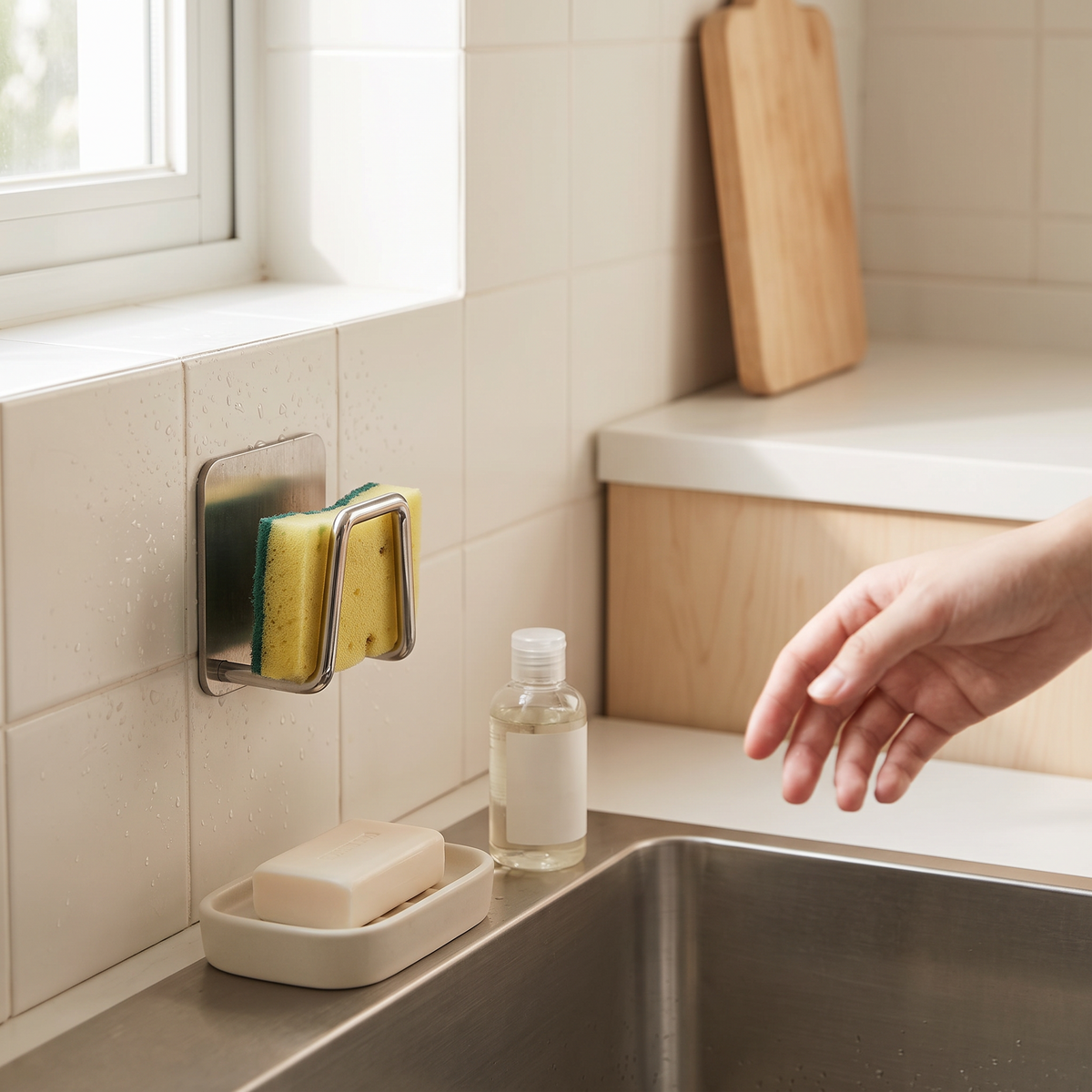 Adhesive Sink Sponge Holder in use image