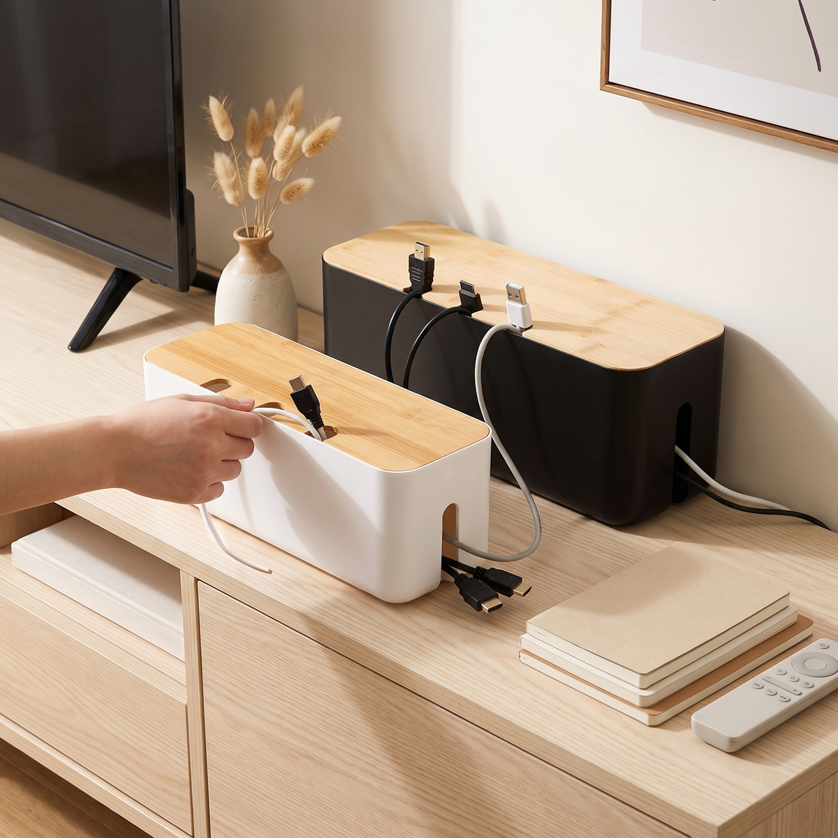 Bamboo-Lid Cable Management Box in use image