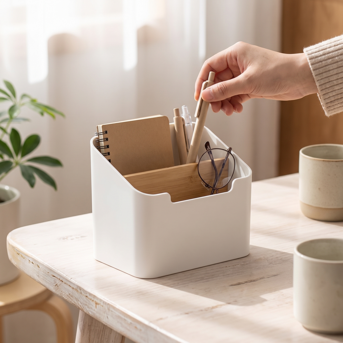 Bamboo-Top Desktop Storage Caddy in use image