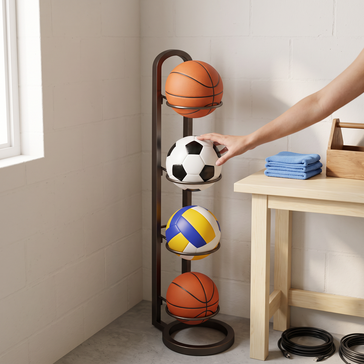 Metal Sports Ball Storage Rack in use image