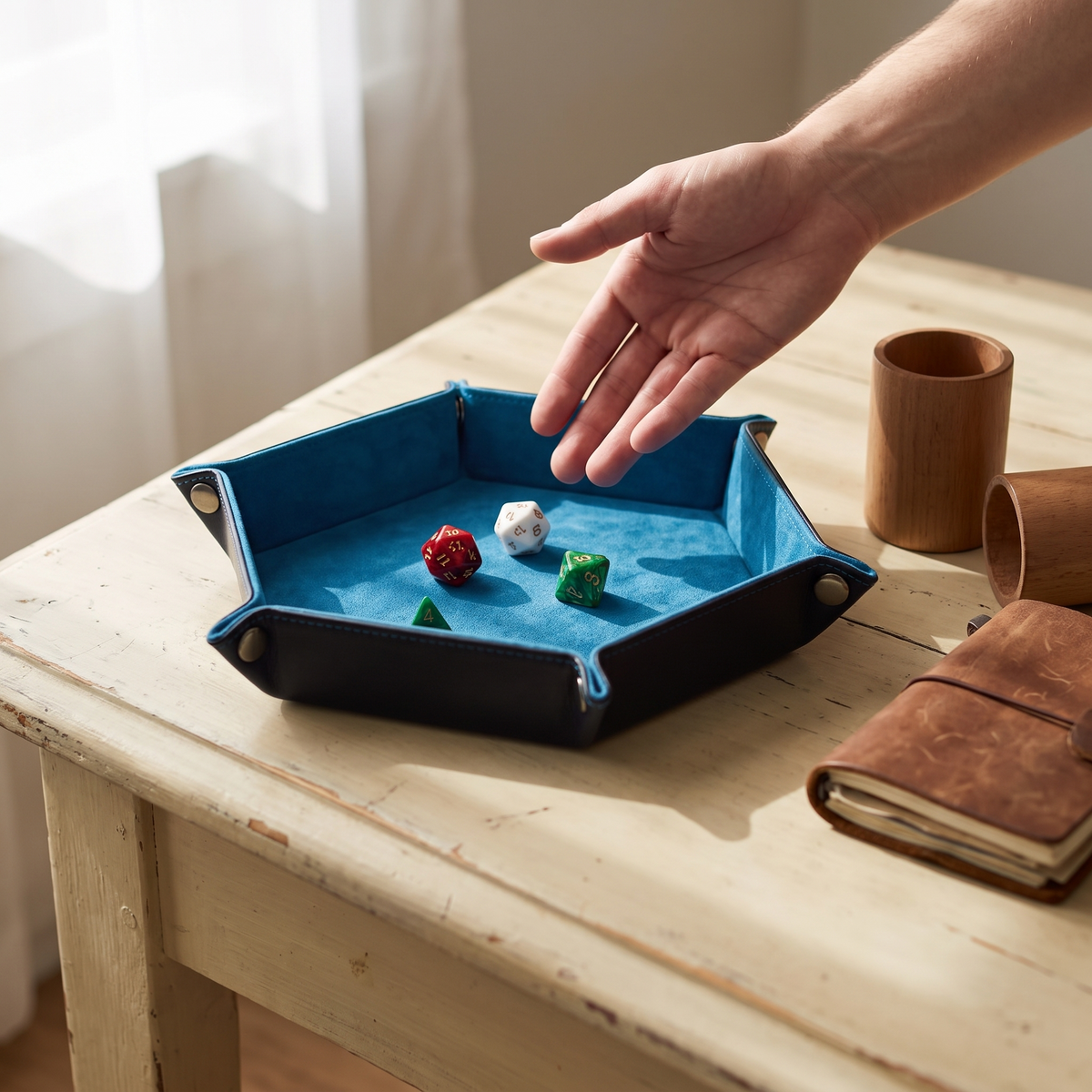 Hexagonal Leather Dice Tray in use image