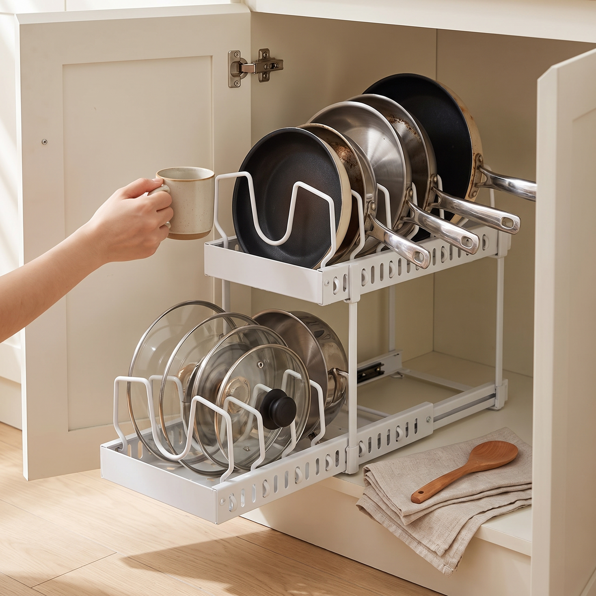 Sliding Pot and Pan Cabinet Organizer in use image